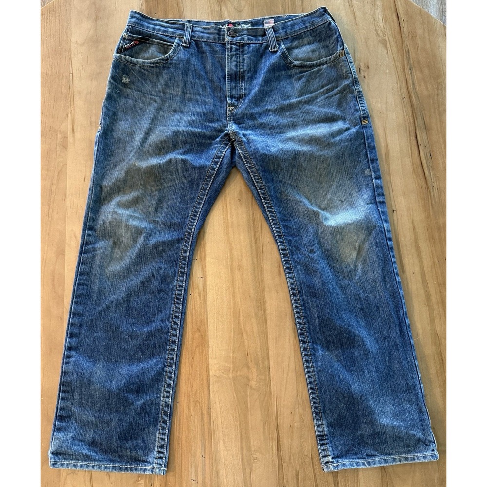 Men's Ariat M5 FR Straight Leg Denim Jeans 38x31 Distressed, Thrashed, Farm Worn